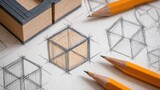 Architectural sketches of cubes and geometric shapes on paper.