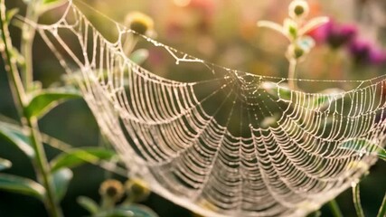Dewcovered spiderweb glistens strung between plants in a garden with soft blurred background