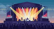 © Aries - A vibrant flat design illustration capturing the high energy of a live band performing on a massive outdoor festival stage, surrounded by an enthusiastic, cheering crowd.