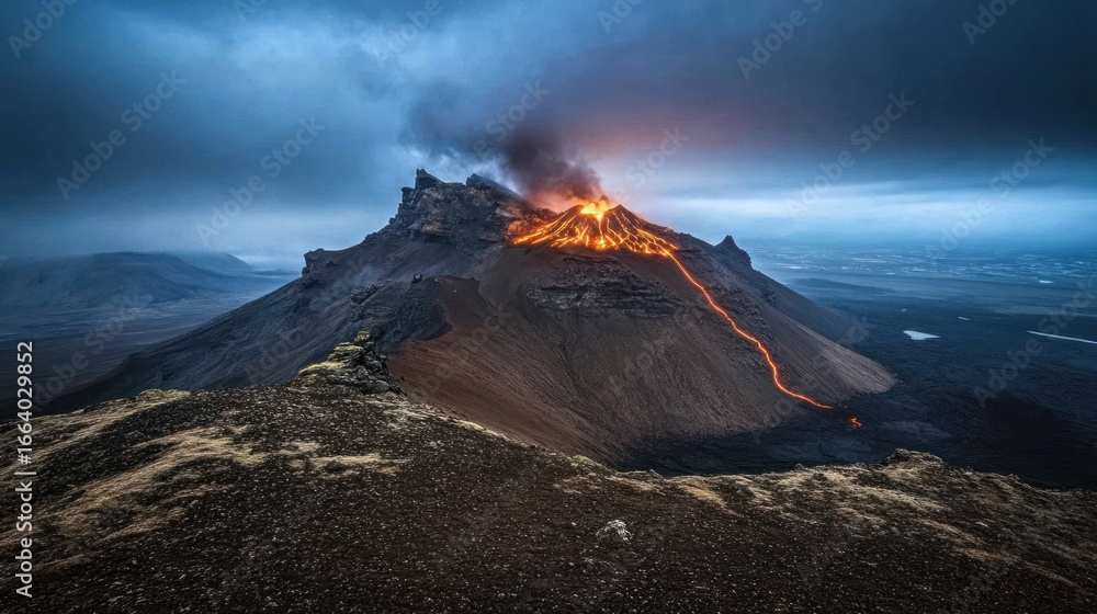 Erupting volcano spewing lava under a dramatic sky in Iceland at dusk ...