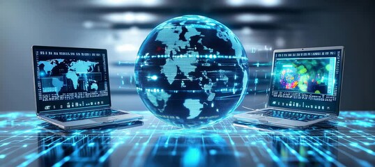 Earth globe hologram rotating. Global internet network telecom and communication data. Generative video AI technology.	

