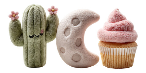 Cute Plush Objects on Transparent Background with Cactus, Moon, and Cupcake