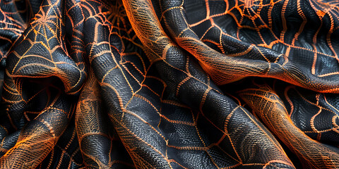 Dark, textured fabric with intricate orange spiderweb pattern, creating a spooky, artistic, and luxurious feel