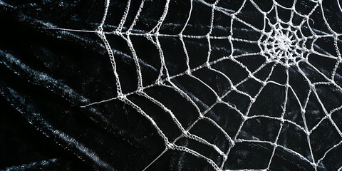 Delicate spider web glistens on a dark, textured background, hinting at nature's intricate design.