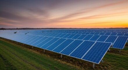 A vast solar panel farm stretching across a field at sunset, generating clean and renewable energy