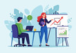 © MDALAMIN - Vector art of business meeting with a woman presenting a growth chart to a man working on a laptop in an office setting, symbolizing financial success and teamwork
