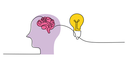 Wall Mural - Conceptual One Line Drawing of Brain and Light Bulb Beside Head