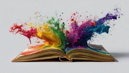 A vintage book bursts with vibrant rainbow paint splatters, exploding in a dynamic display of creativity and imagination against a neutral background
