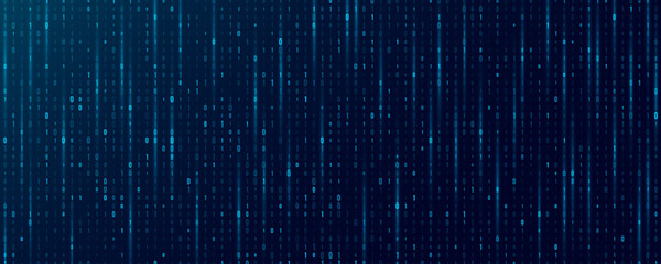 Glowing flowing blue binary code with random digits 0 and 1 for Technology or Science background. Data coding concept for programming web presentation. Vector illustration.
