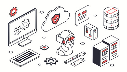 Modern technology and digital innovation concept with isometric icons representing cloud computing data security virtual reality computer hardware and communication systems
