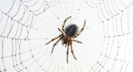 A close-up shot of a spider on its web covered in dew drops, with a white background.