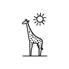  Illustration of a giraffe with spots standing on a line under a shining sun in black and white