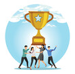 © Alwie99d - Team success achievement concept. Business people colleague celebrate award winning trophy together.