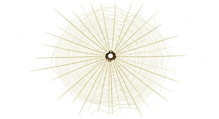 A brown spider rests at the center of its intricate, symmetrical, golden-hued web, isolated against a plain white background.