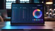 © Devi - A laptop computer displays a data dashboard with financial charts and student information, showcasing a modern interface with vibrant colors.