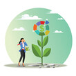 © Alwie99d - Investment growth concept. Businesswoman watering grow plant of investing portfolio pie chart.