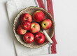 © okkijan2010 - Fresh garden red apples in a bowl on a napkin on a white table, top view
