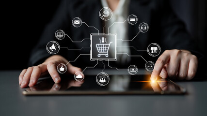 Wall Mural - Omni-channel marketing and online shopping strategies, cross-platform customer experience, brand unification, and integrated marketing communication across digital channels. Spline