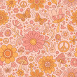 © opik - Seamless Pattern, Psychedelic retro pattern featuring flowers, peace signs, and butterflies illustration Stock royalty free.
