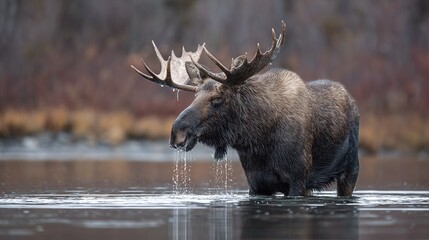Canvas Print -   A clear photo of a moose submerged in water with its head visible above surface