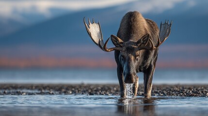 Canvas Print -   A majestic moose submerges its antlers in the tranquil water, gracefully extending them from its mouth as it surveys its surroundings