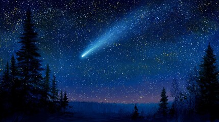Night sky photography of a comet with tail over forest trees and stars in dark blue space scene