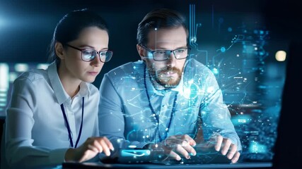 Professional Technology Teamwork and Digital Interface Innovation for Futuristic Computer Collaboration and Data Analysis in Modern Office Environment