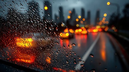 Wall Mural - raindrops glisten on car windows while driving downtown with traffic signals in the backdrop