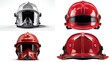 © Langit - Four firefighter helmets displayed; two red, two with integrated face shields; one white helmet with a transparent face mask.  Different angles showcase design details and functionality