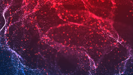 Dynamic abstract particle wave with glowing red and blue dots, suitable for technology, science, or futuristic backgrounds. 3d Rendering