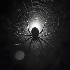 a spider s intricate web in the shadows illuminated by the faint light