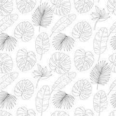 Naklejka na meble Seamless Pattern, Tropical leaves outline pattern featuring monstera, palm, and banana leaf designs Stock royalty free  image.