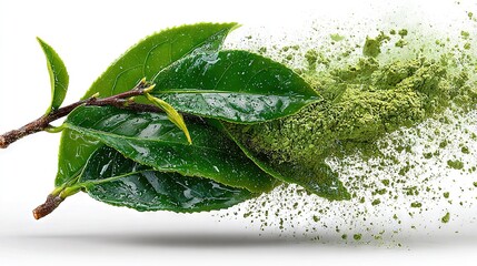 Wall Mural -    a single green leaf, placed against a pure white backdrop, with small green specks scattered around it