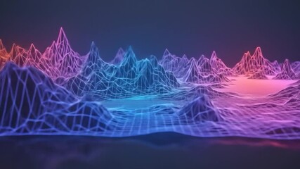 Wall Mural - Neon Wireframe Mountains; Digital Landscape; Abstract Background; Tech Design