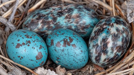 Wall Mural - Four teal colored speckled bird eggs in a nest.