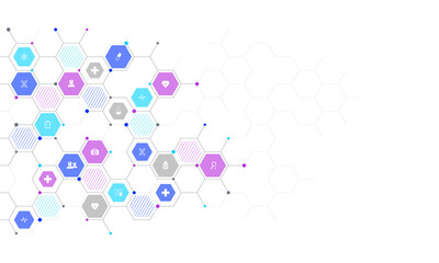 Wall Mural - Medical background and healthcare technology with flat icons and symbols. Concept and idea for health care business, innovation medicine, health safety, science, medical research, and development.