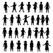 © Vextria - Collection of black silhouettes of children in various poses, including boys and girls standing, walking, and holding hands.