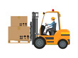 © TakaYIB - Symbol forklift Trucks style cartoon, set of profile side view commercial forklift for logistic company. Yellow forklift loader with post parcels under control of driver on white background.