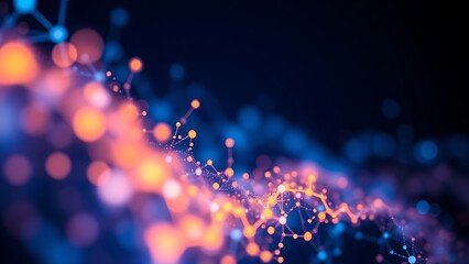 Abstract network of glowing nodes and connections in blue and orange floating in space.