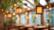 © Blurred Bokeh - blurred image of a rooftop eco-bar interior glowing with amber recessed lights, terracotta and green palette