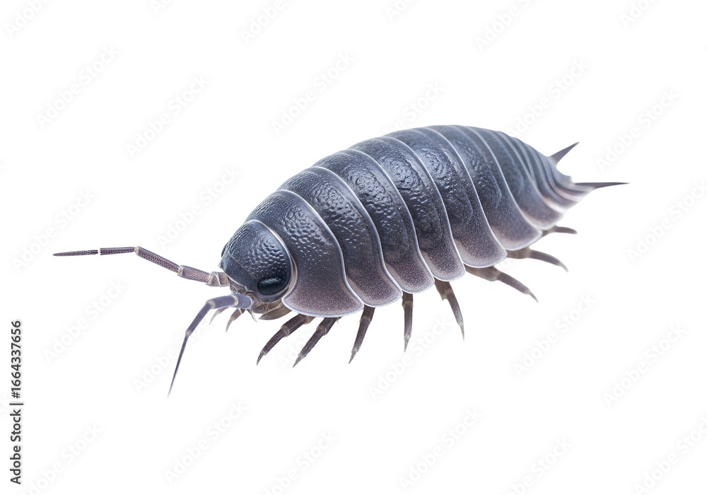 Detailed close-up of a segmented isopod, showcasing its intricate structure against a stark black backdrop.