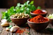 © starush - Colorful spices and herbs arranged in bowls on rustic wooden surface with fresh garlic and green leaves