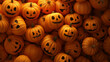 © malik - Festive Pumpkin Patch: A vibrant array of carved pumpkins, each adorned with a unique, grinning face, creating a festive and playful atmosphere perfect for Halloween celebration.