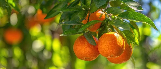 The Oranges Hanging on a Sunlit Citrus Tree Branch in a Lush Orchard