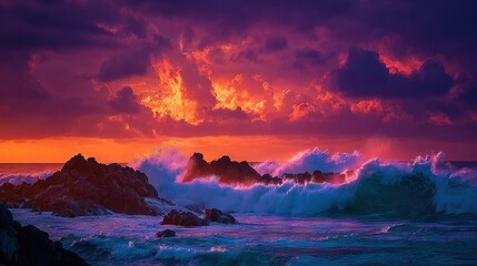 Wall Mural -   The sun sets over the ocean as waves crash onto the rocks, casting a red-purple sky