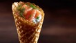© Irina Ukrainets - A delicious food creation featuring smoked salmon in a crispy waffle cone. This unique dish combines flavors and textures in a fresh way. Perfect for gourmet catering. AI