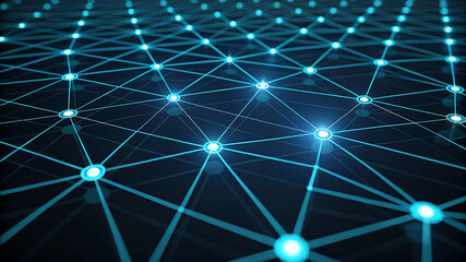 An abstract blue background with stars, a futuristic network pattern of geometric lines and dots for technology and internet communication