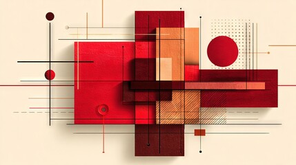 Abstract geometric composition with bold red and beige rectangles, lines, and circles, symbolizing structure, balance, creativity, and modern design