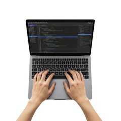 Top view of person typing code on a modern laptop showing a dark screen with text and numbers transparent background