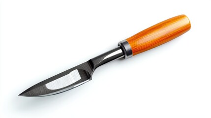 Classic kitchen knife with sharp reflective steel blade and smooth polished wooden handle lying isolated on completely white background